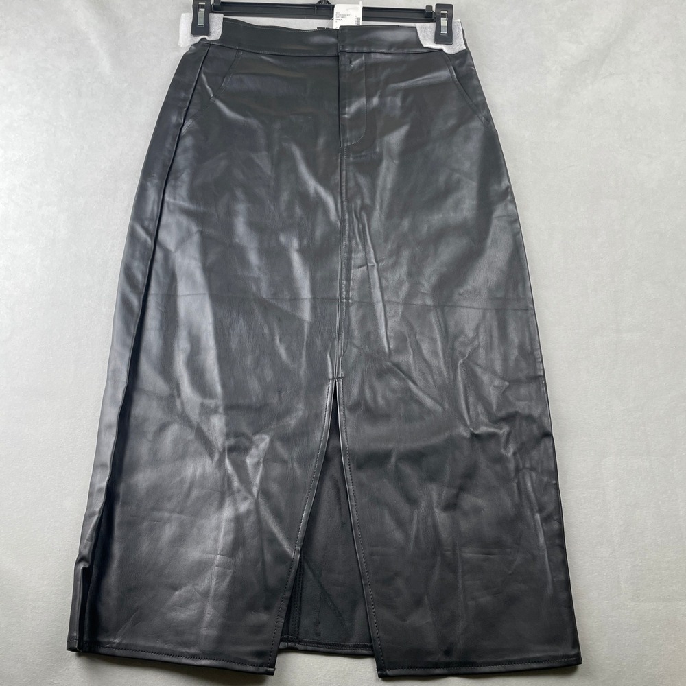 Saks Fifth Avenue Skirt Wmns S Black Faux‎ Leather Pencil Midi Length Split Chic